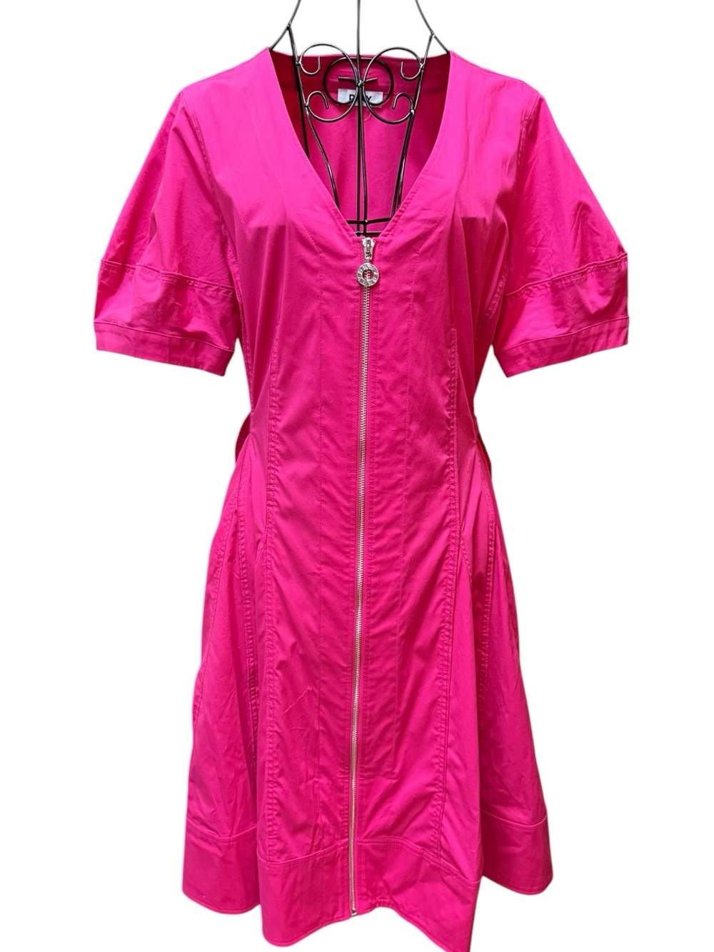 NWOT Dkny Hot Pink Zip-Front V-Neck Midi Dress side belts